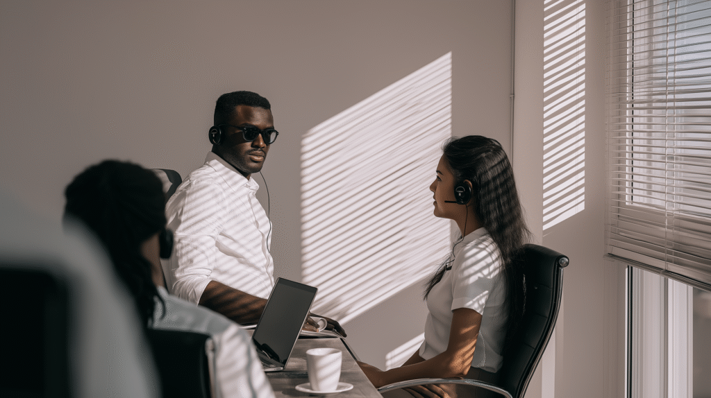 Stylish man and woman speaking with earbuds indoors