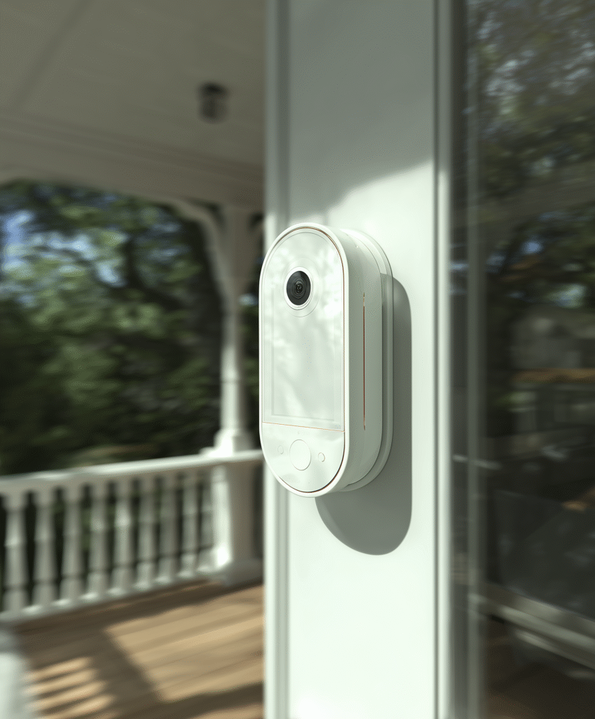 Close-up of Eufy video doorbell mounted on a white porch wall with trees in the background