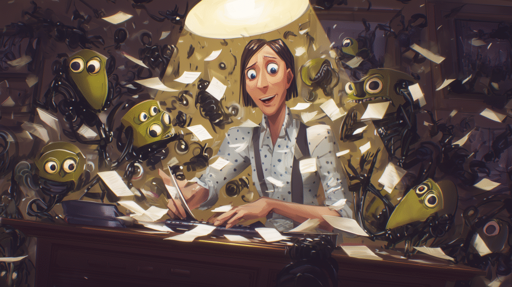 Overwhelmed worker surrounded by robot assistants and flying papers