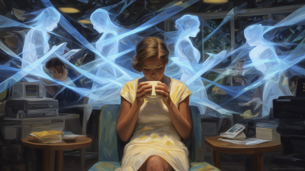 Woman relaxing with tea while ghostly AI figures organize the office