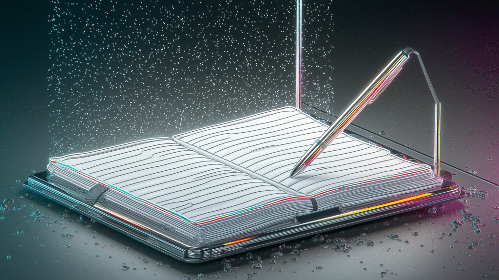 Rocketbook Fusion notebook glowing with smart lights