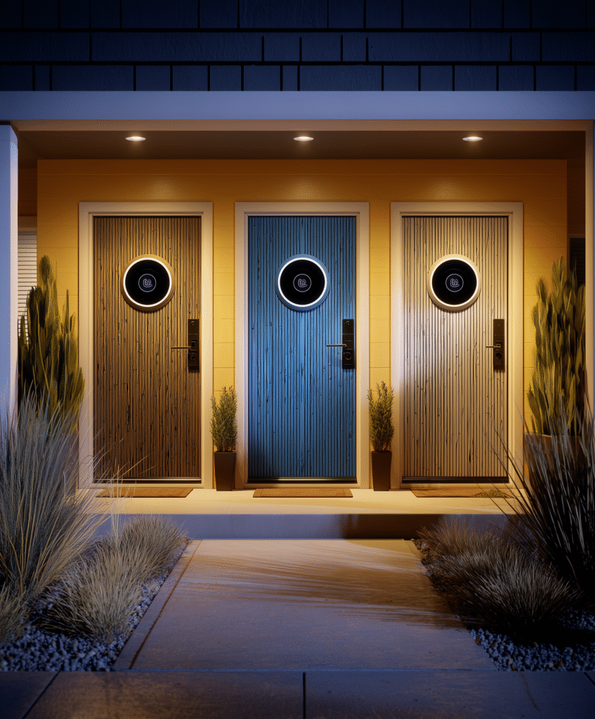 Smart Doorbells Showdown Smart Doorbells Showdown. Three modern front doors with different smart video doorbells illuminated at night