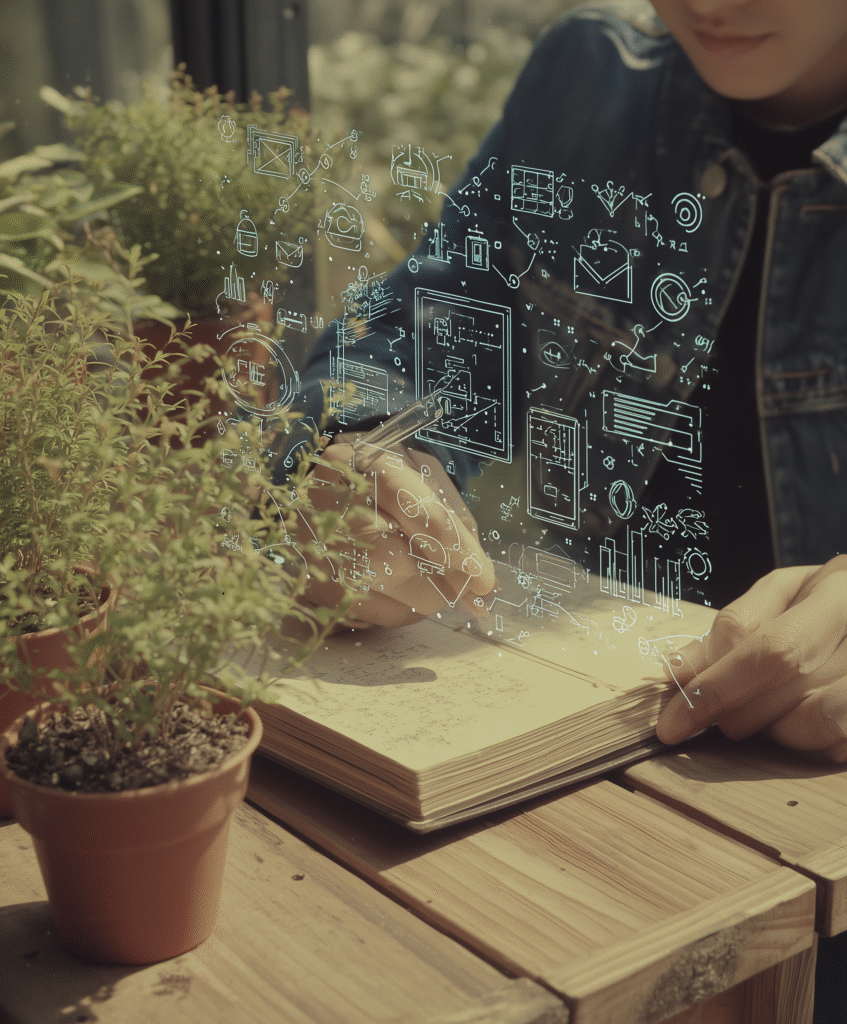 Person writing in a notebook on a wooden table, surrounded by potted plants and overlaid with digital AI interface — symbolizing the blend of nature, thought, and smart technology.