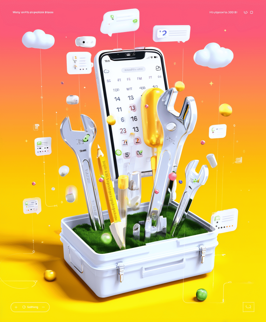 AI-powered toolkit emerging from a smartphone against colorful background