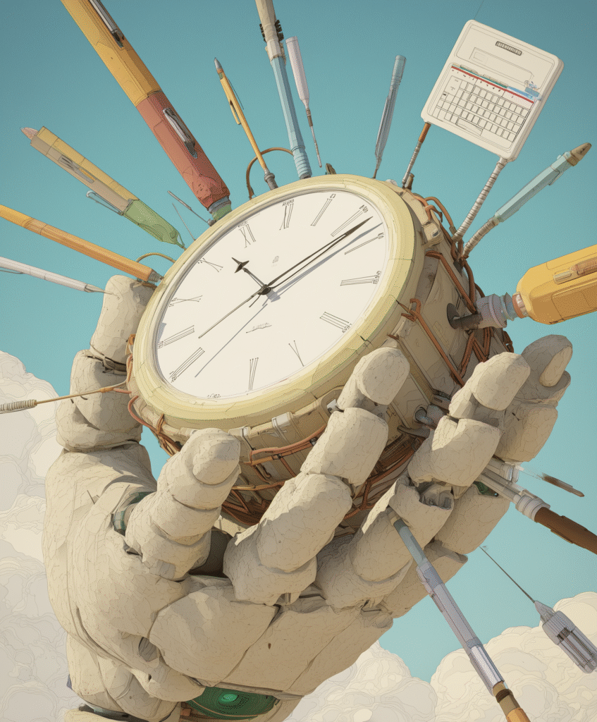 Robot hand holding a clock surrounded by tools symbolizing productivity