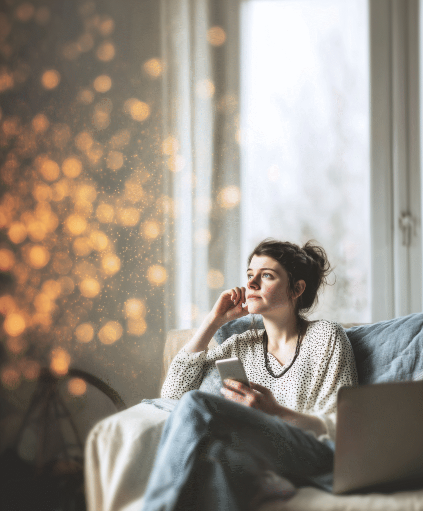 Young woman sitting on a couch by the window, thoughtfully looking away while holding a smartphone — representing everyday use of AI in personal routines.