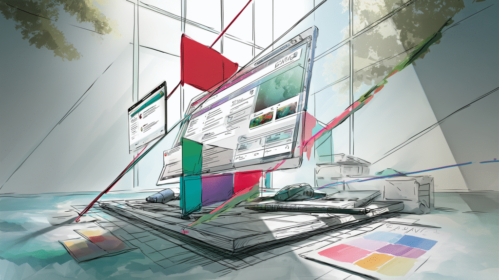 Creative workspace with digital screens and UI mockups