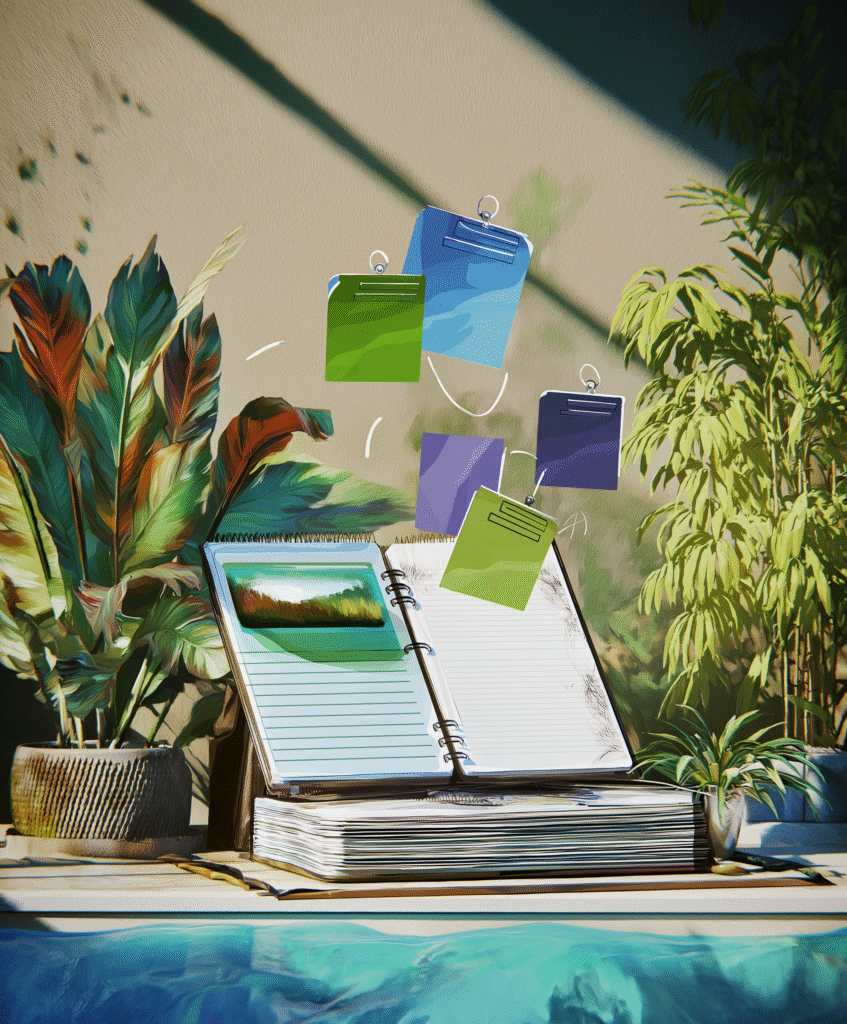 Rocketbook pages floating with greenery background