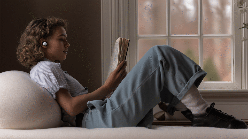 Girl in headphones listening to an audiobook
