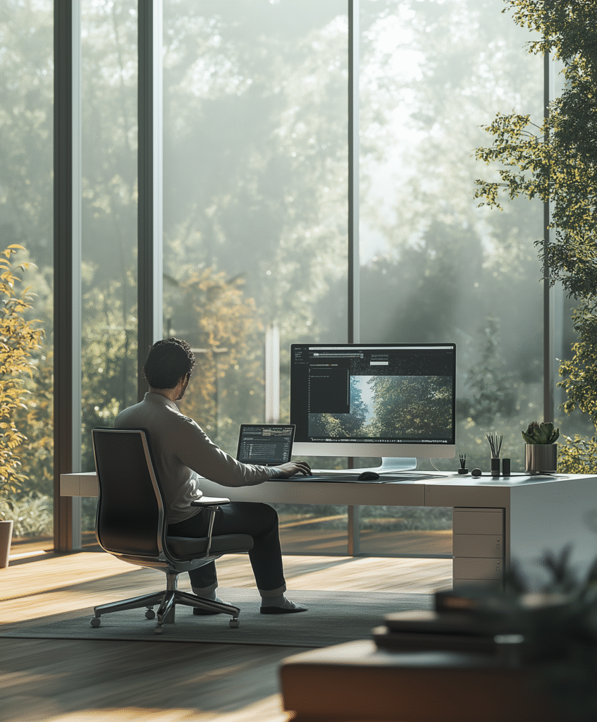 Man using smart tech in modern home office with large window