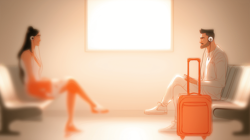 Gadgets. Two travelers using AI translator earbuds