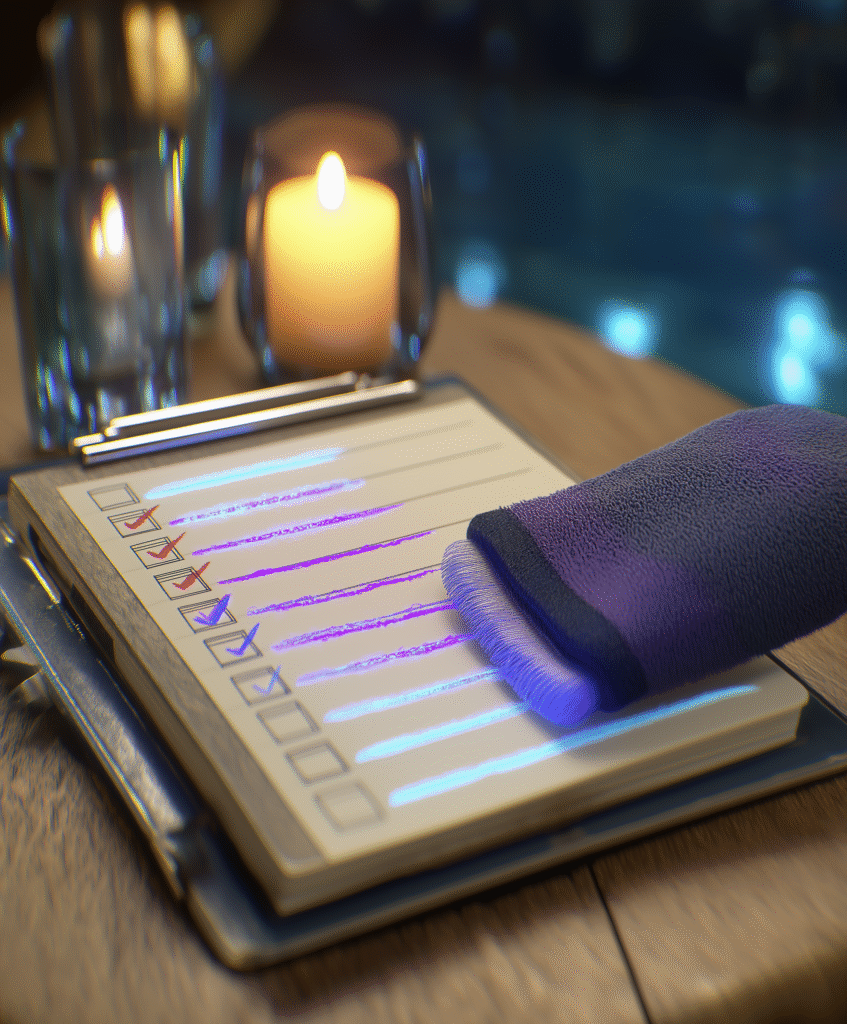 Reusable notebook with scan symbols on wooden desk