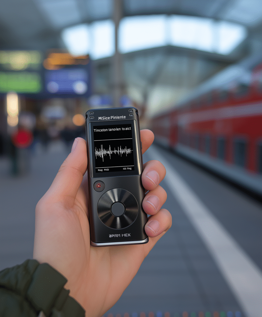 Hand holding iFLYTEK recorder in train station
