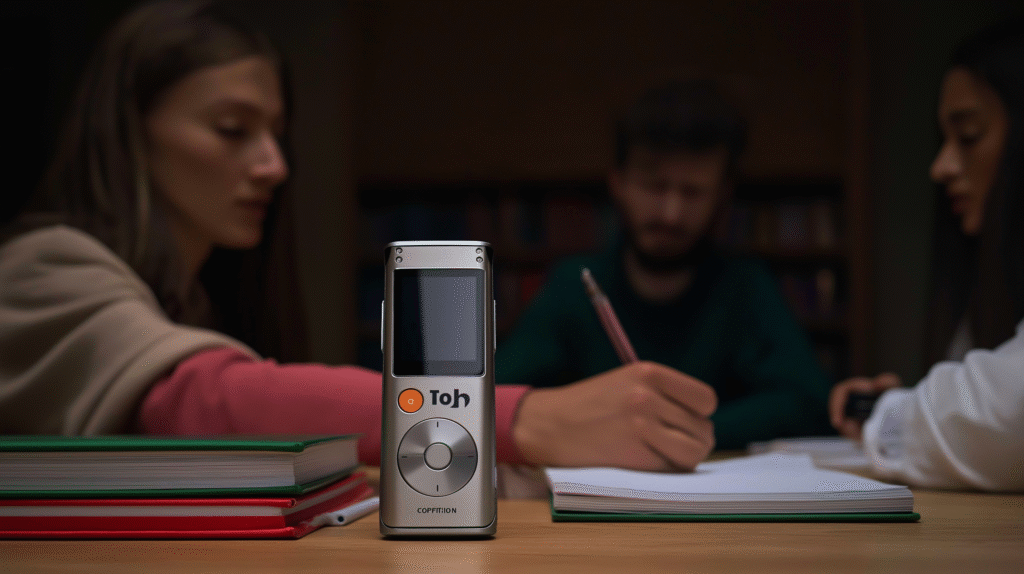 Girl in library with smart recorder on table
