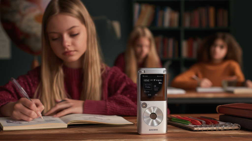iFLYTEK voice recorder on table with students in background
