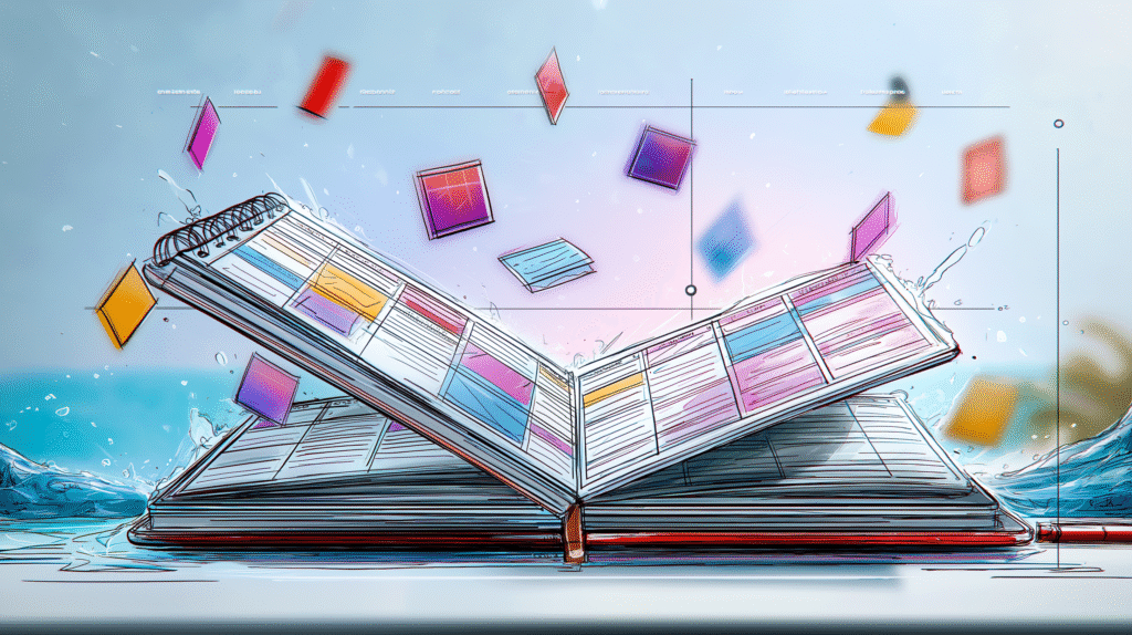 Illustration of AI-powered smart notebook on water