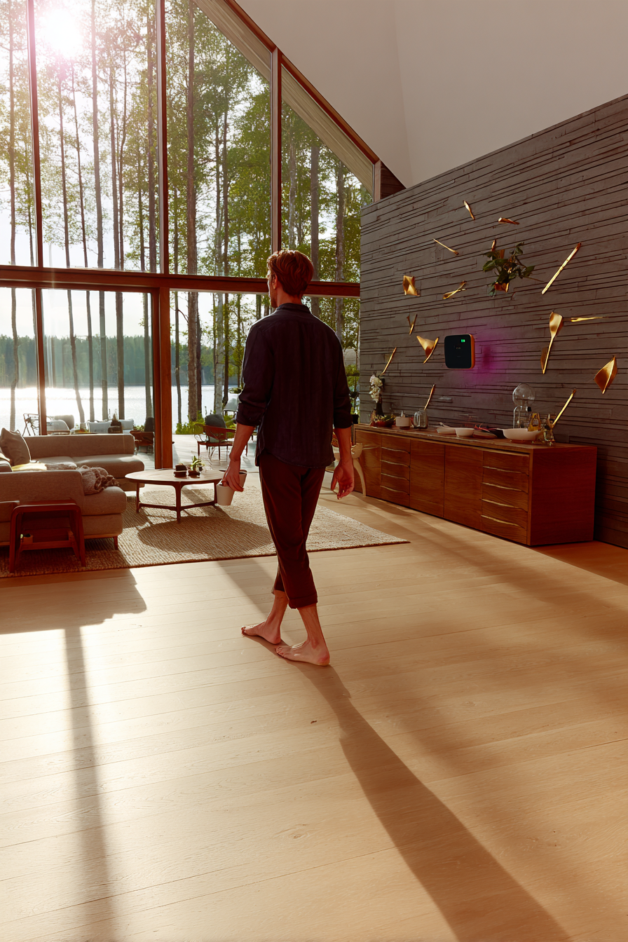 Person walking barefoot in a spacious living room with air purifier on the wall and forest view outside. 5 smart home gadgets.