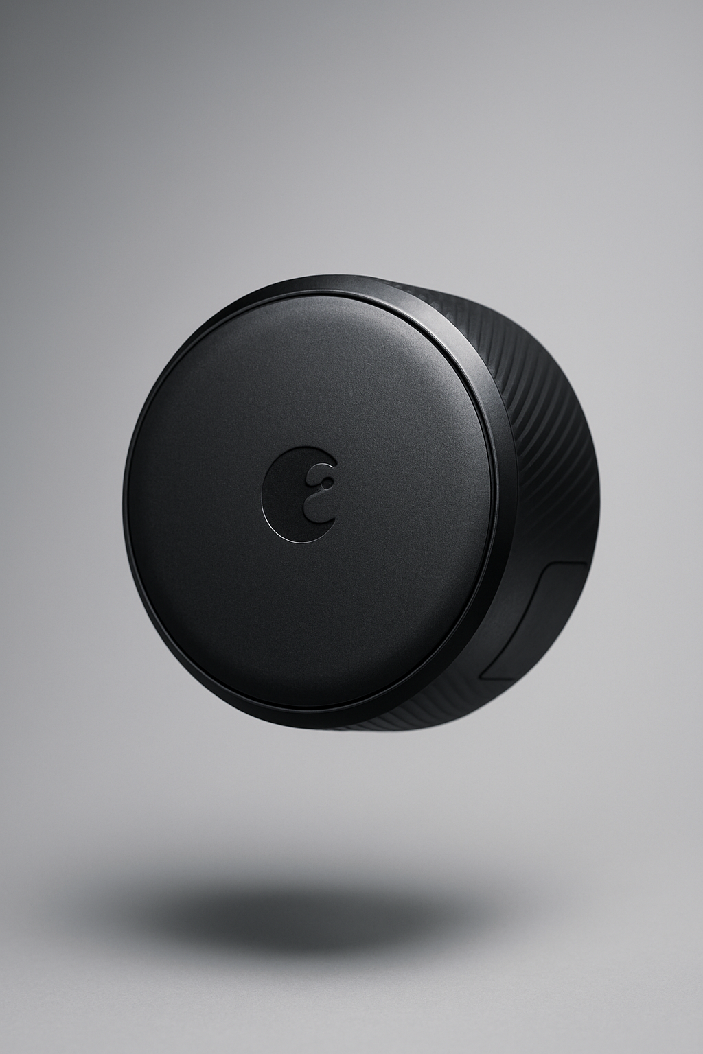 Red-haired woman using WT2 earbuds on the street Floating August Smart Lock in matte black, showcased in a sleek 3D presentation with no background distractions. Smart locks compared.