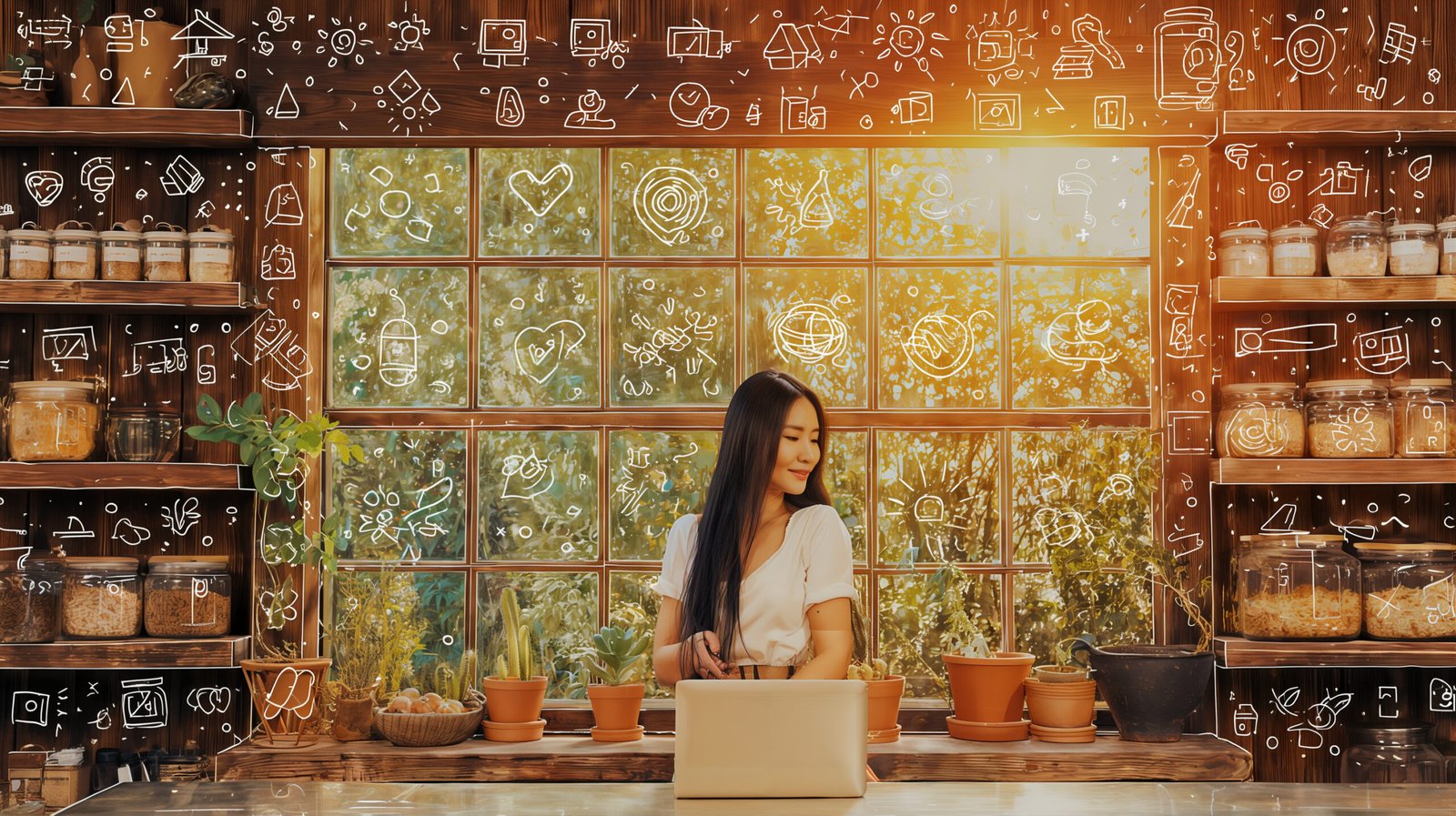 A young woman with long hair smiles while working on a laptop in a wooden shop filled with jars and plants, with hand-drawn doodles overlayed on the window.
