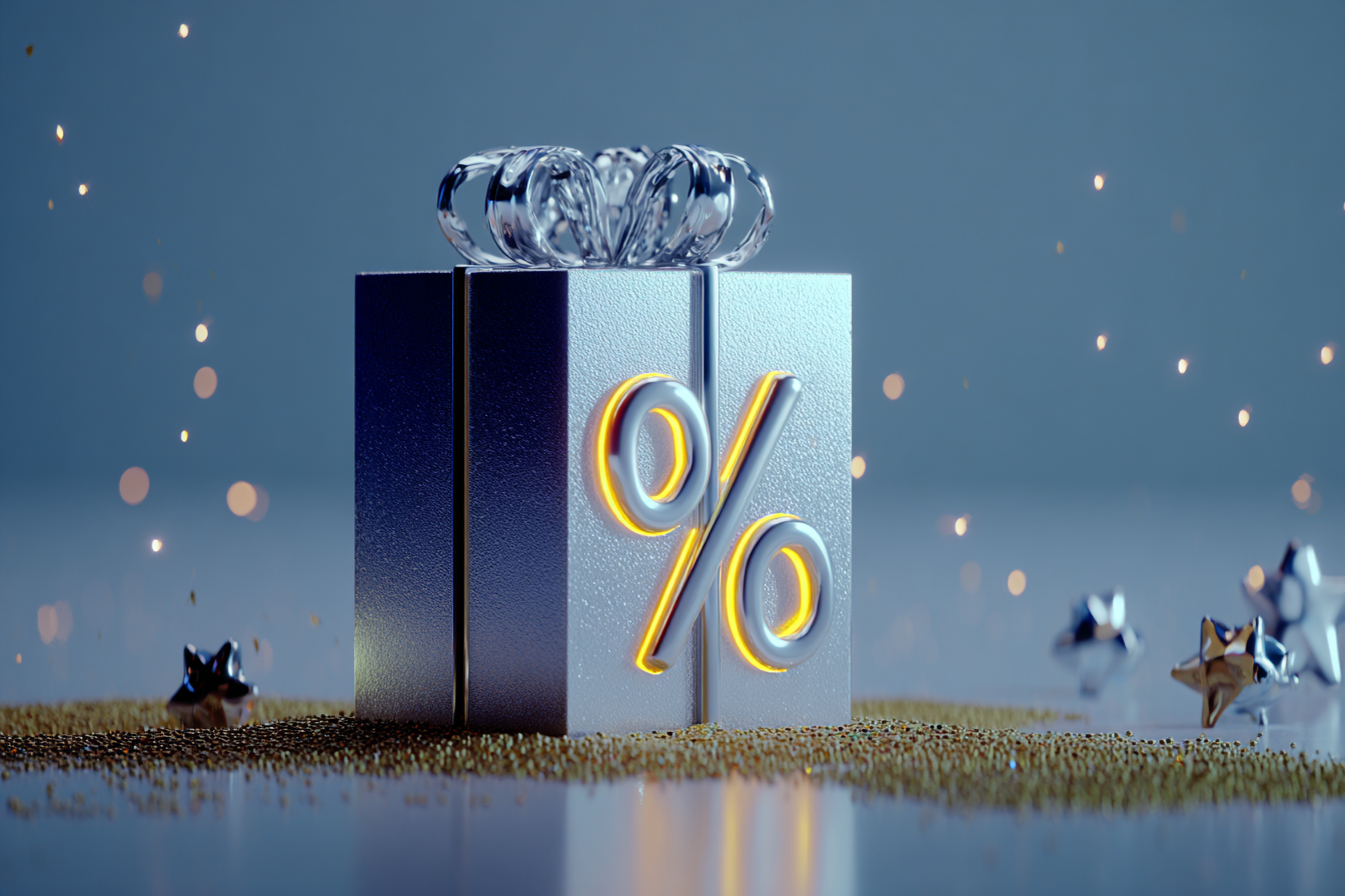 Elegant gift box with glowing percent sign, symbolizing special offers and discounts