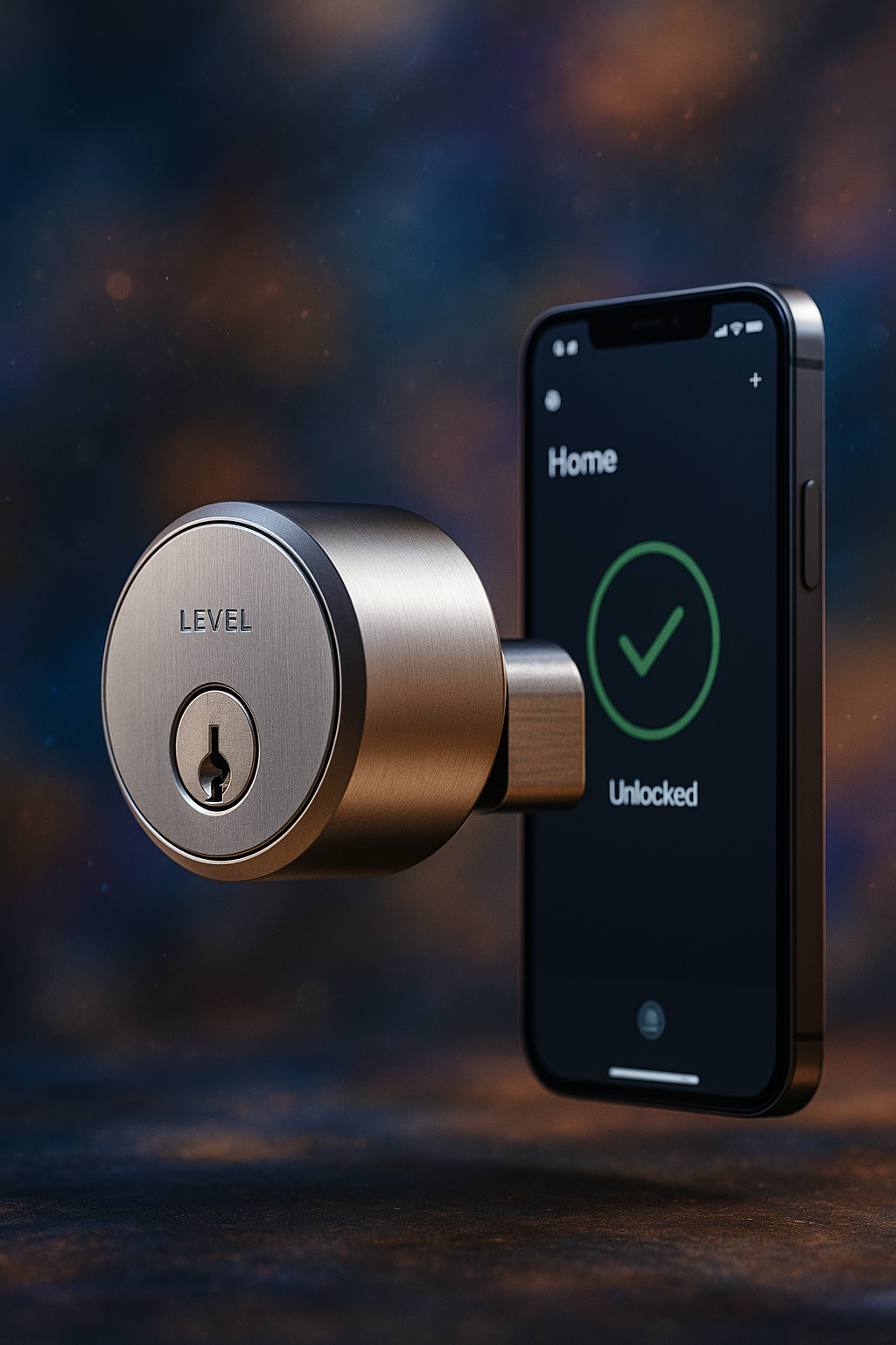 Hand holding iFLYTEK recorder in train station Satin-metal Level Lock with keyhole floating beside a smartphone showing an “Unlocked” screen, set against a dark background with soft bokeh.