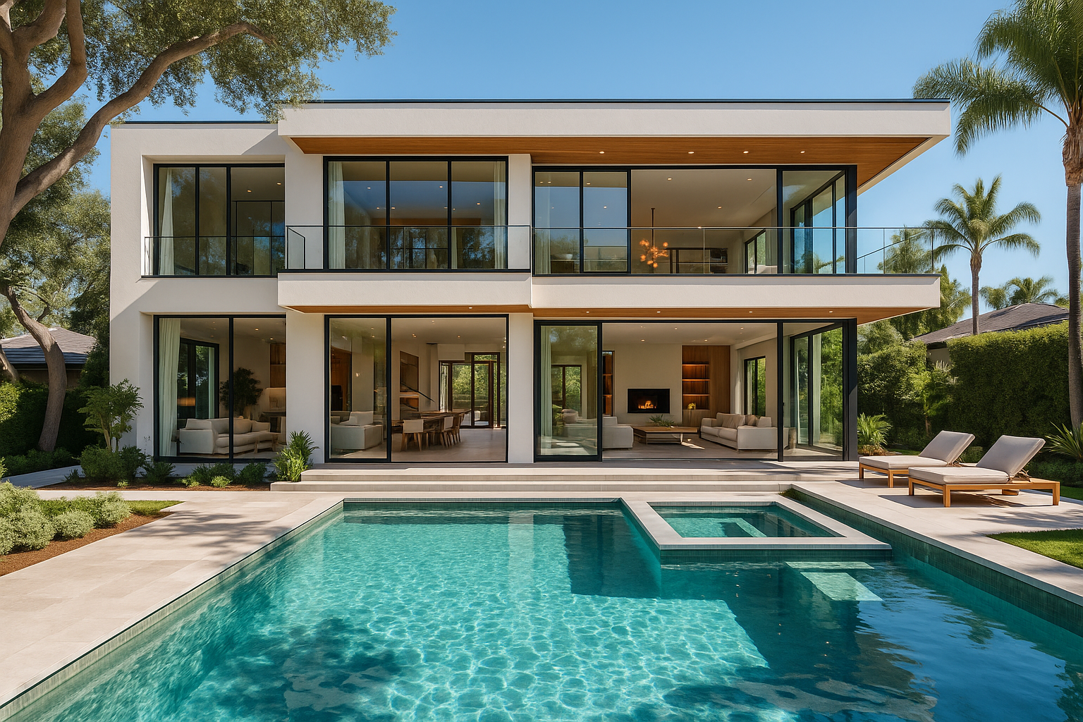 Front view of a modern smart villa with a pool and large glass windows. Smart Home