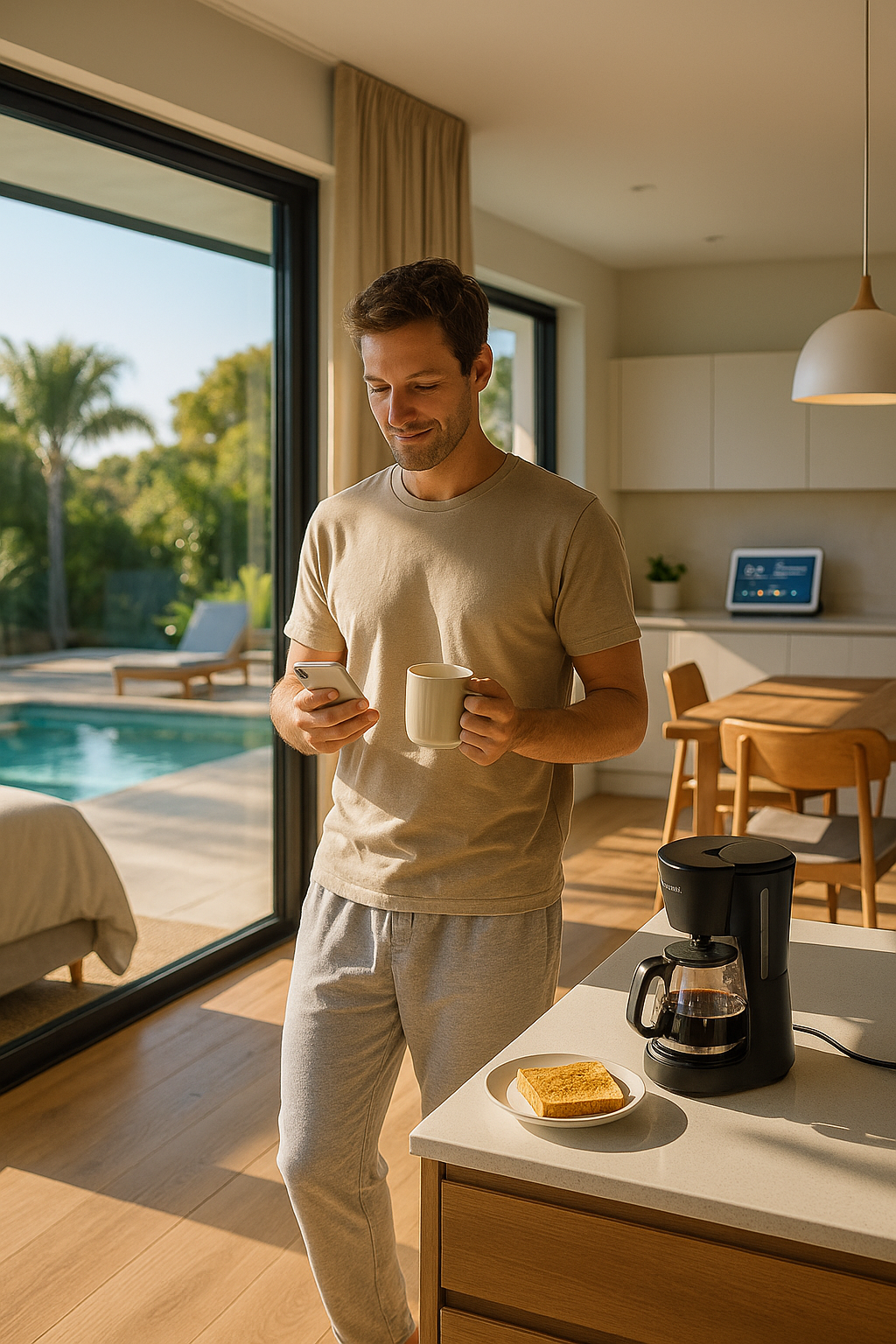 A man holding coffee and phone in a smart kitchen with a pool view