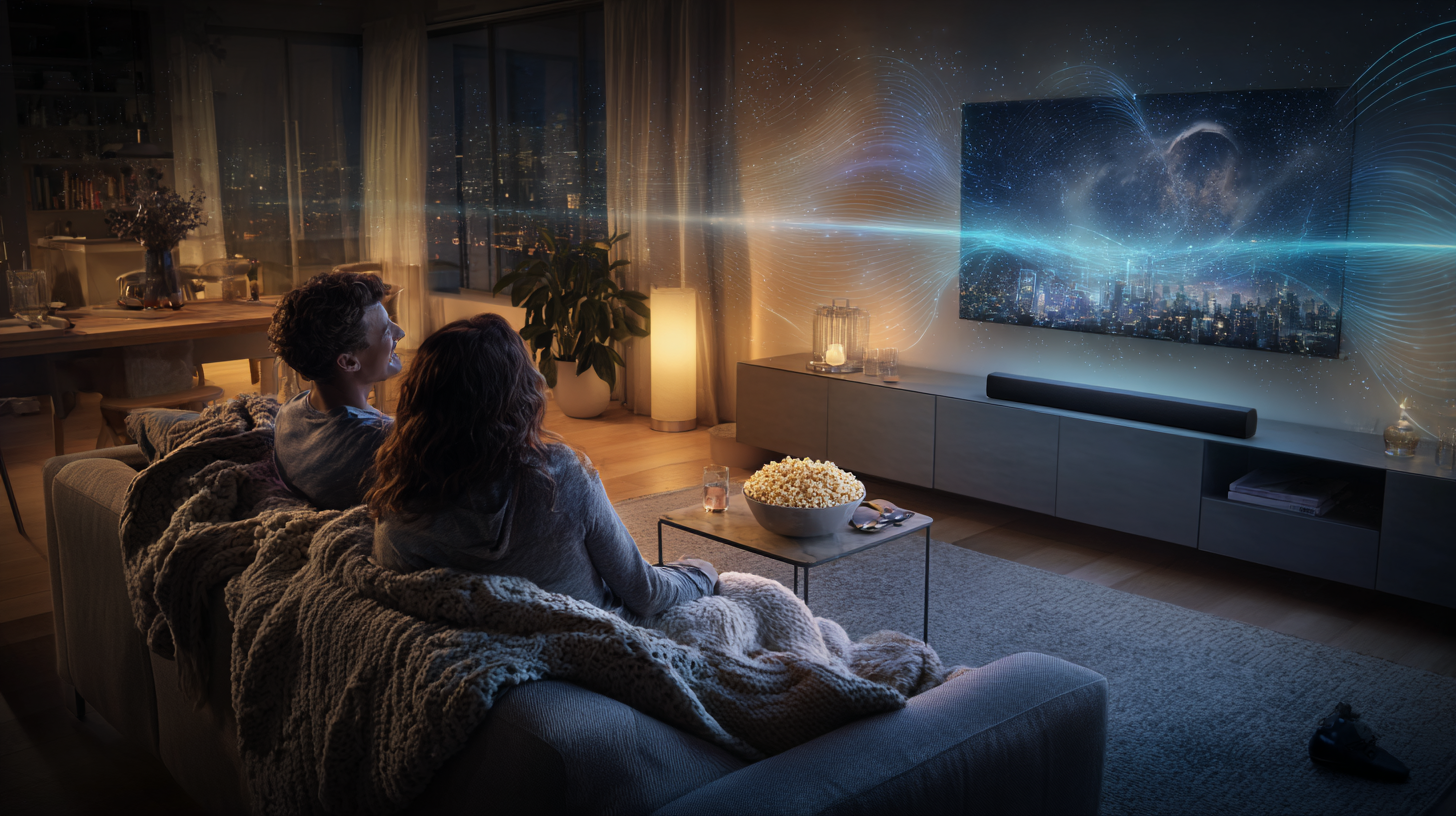 Couple watching TV with immersive sound waves in a cozy modern living room with a Sonos soundbar.