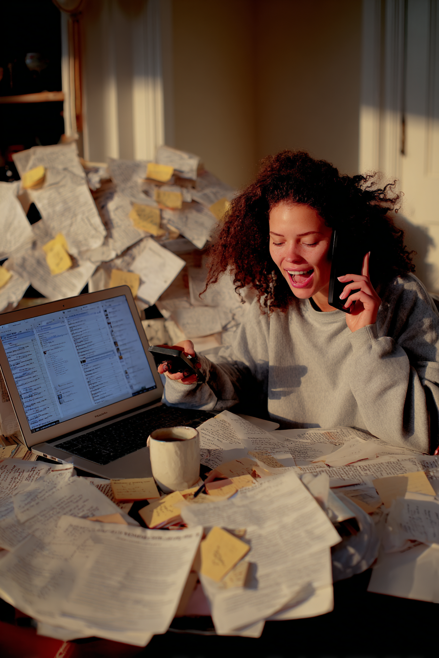 A busy young woman talks on the phone while surrounded by handwritten notes and sticky papers, working at a cluttered desk with a laptop.