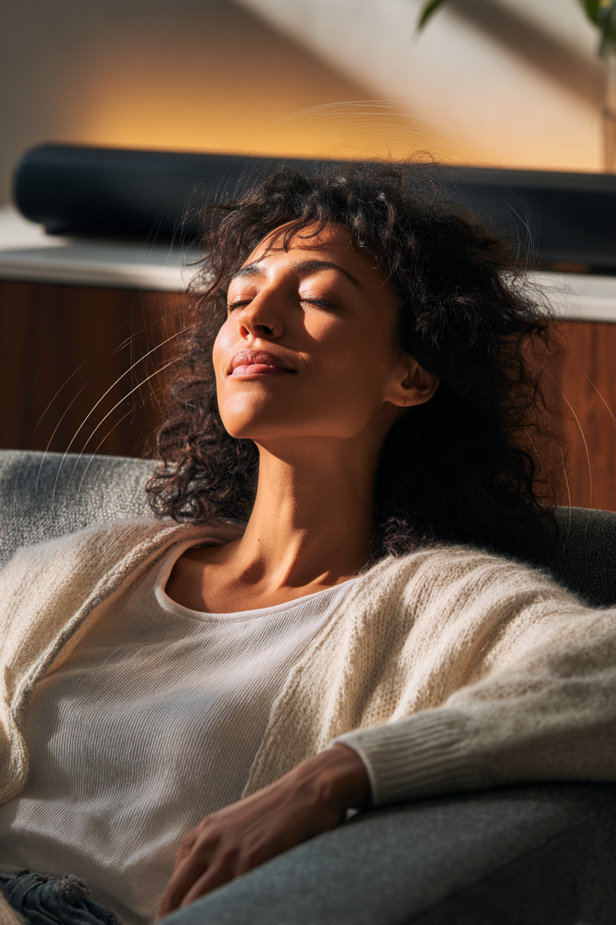 Woman relaxing with eyes closed in a modern living room with a Sonos soundbar in the background.