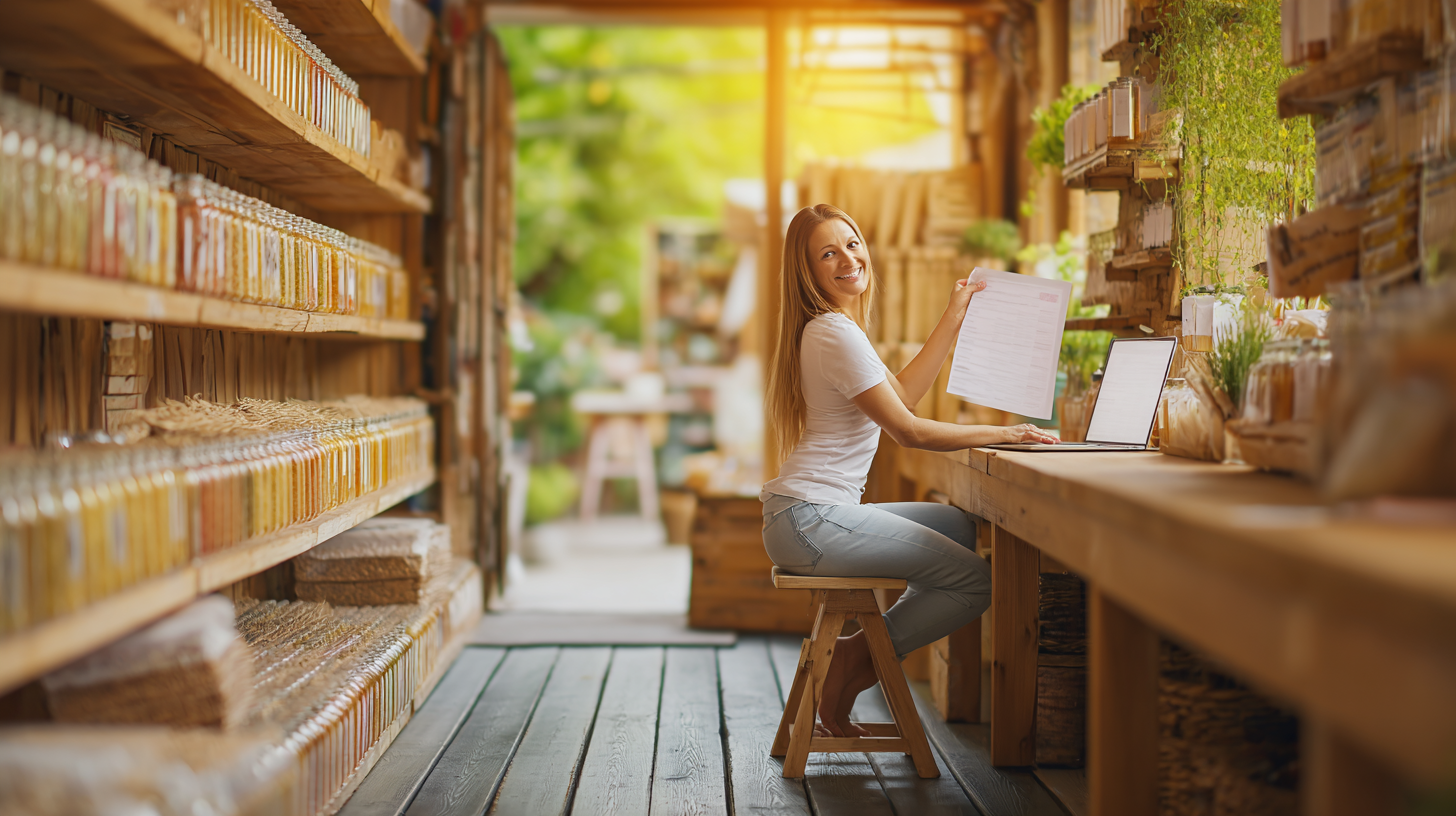 Small business.
A smiling woman sits at a wooden desk in a spice shop, using a laptop and holding documents, surrounded by natural light and glass jars.