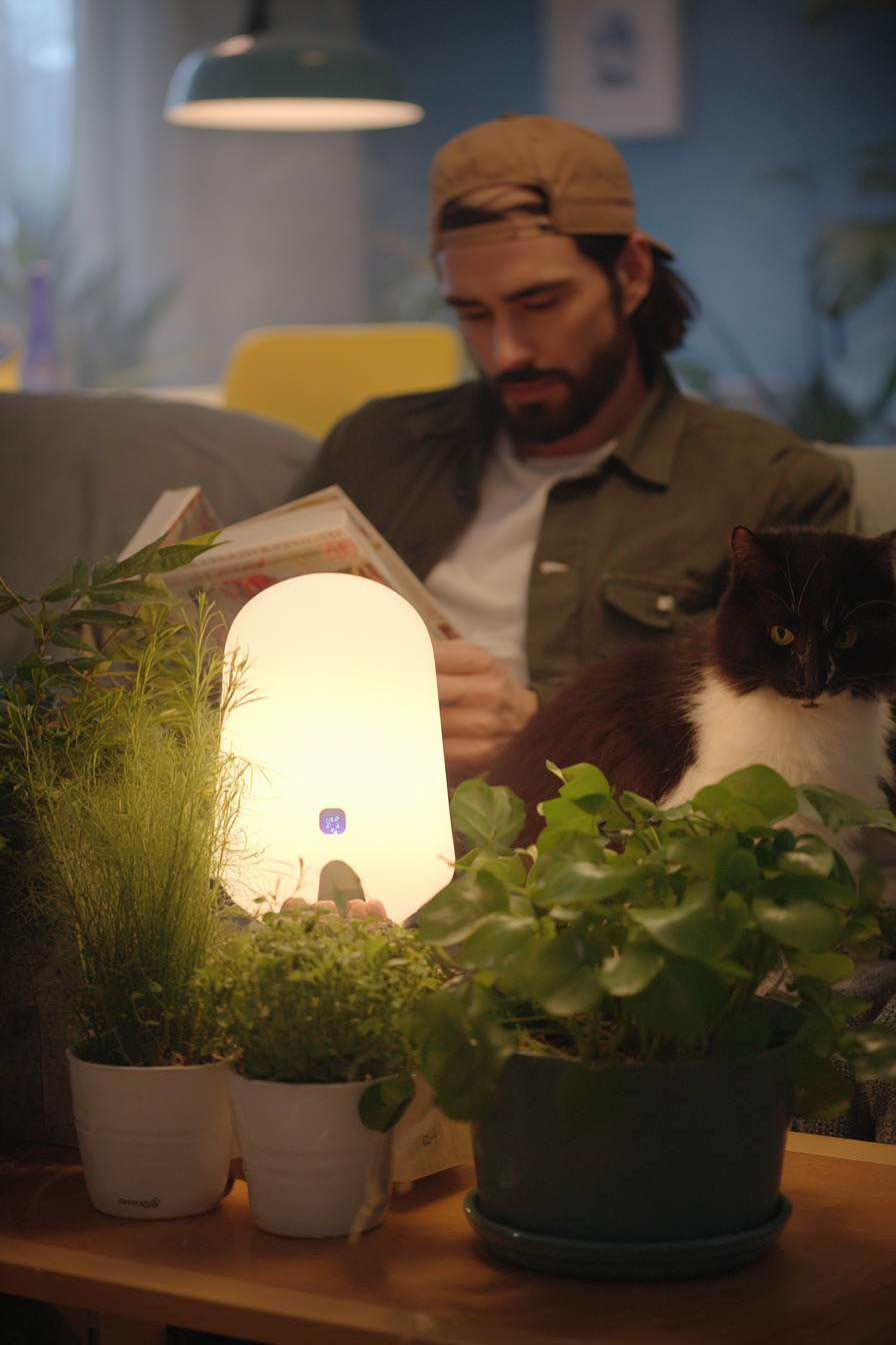 Man reading on the couch with indoor plants and smart ambient lamp, black-and-white cat nearby