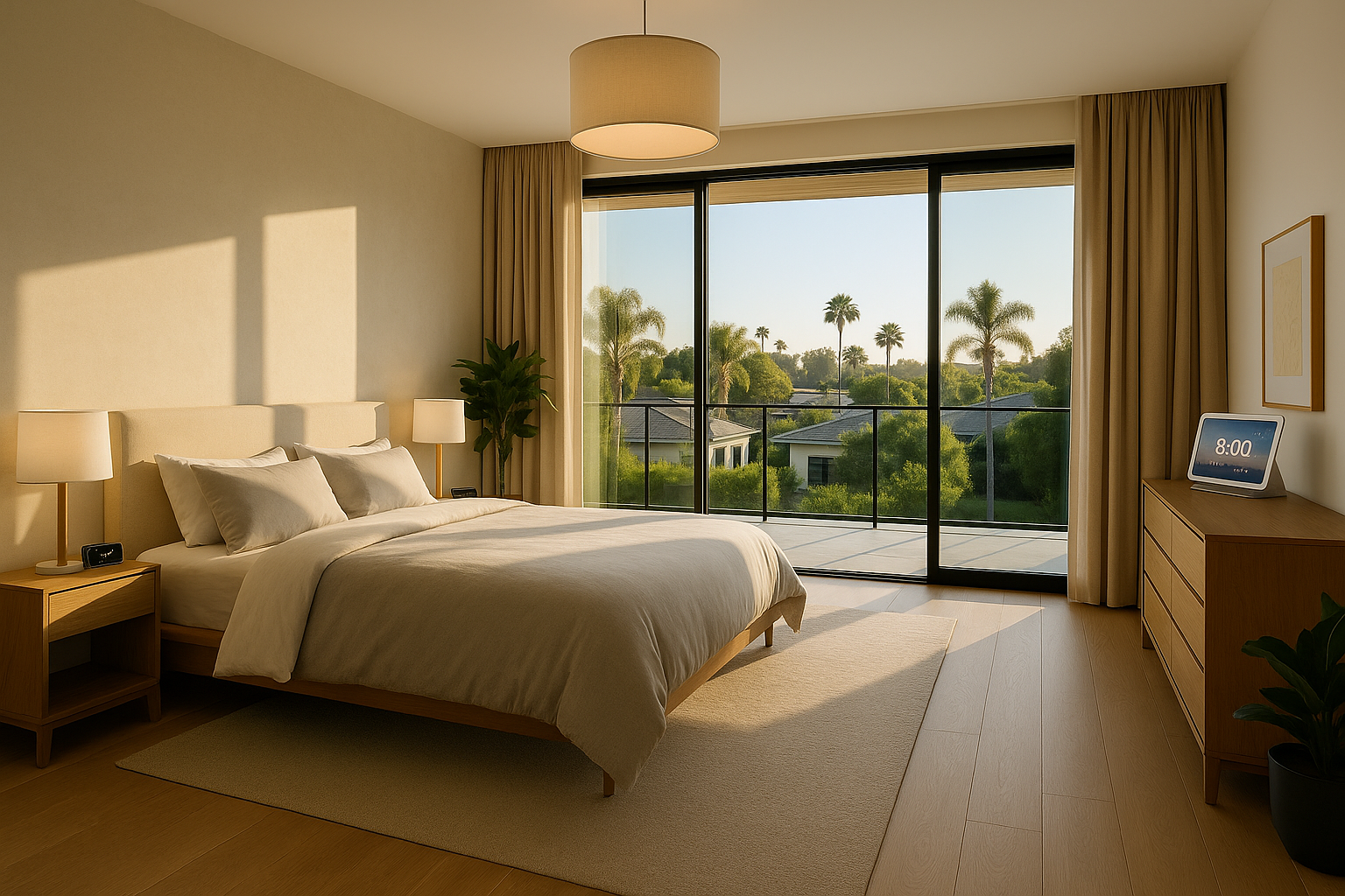 cozy modern bedroom with large windows, sunrise lighting, and smart display on nightstand