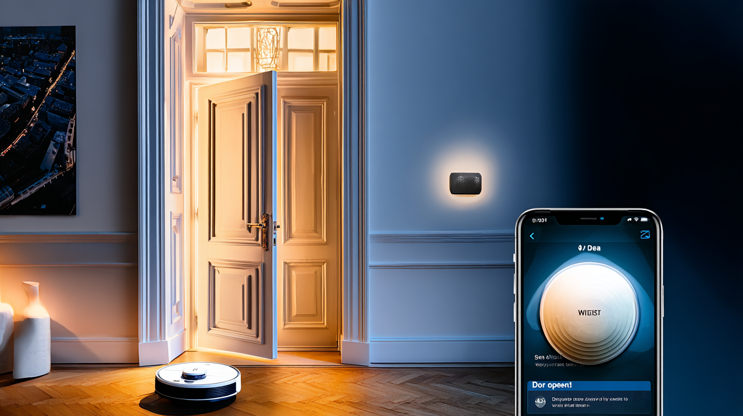 Open door at dusk with door and window sensor active, smartphone app showing status, robot vacuum on floor