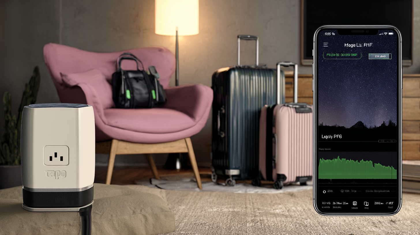 Smart power plug with energy monitoring app displayed on phone, cozy travel-themed living room in background