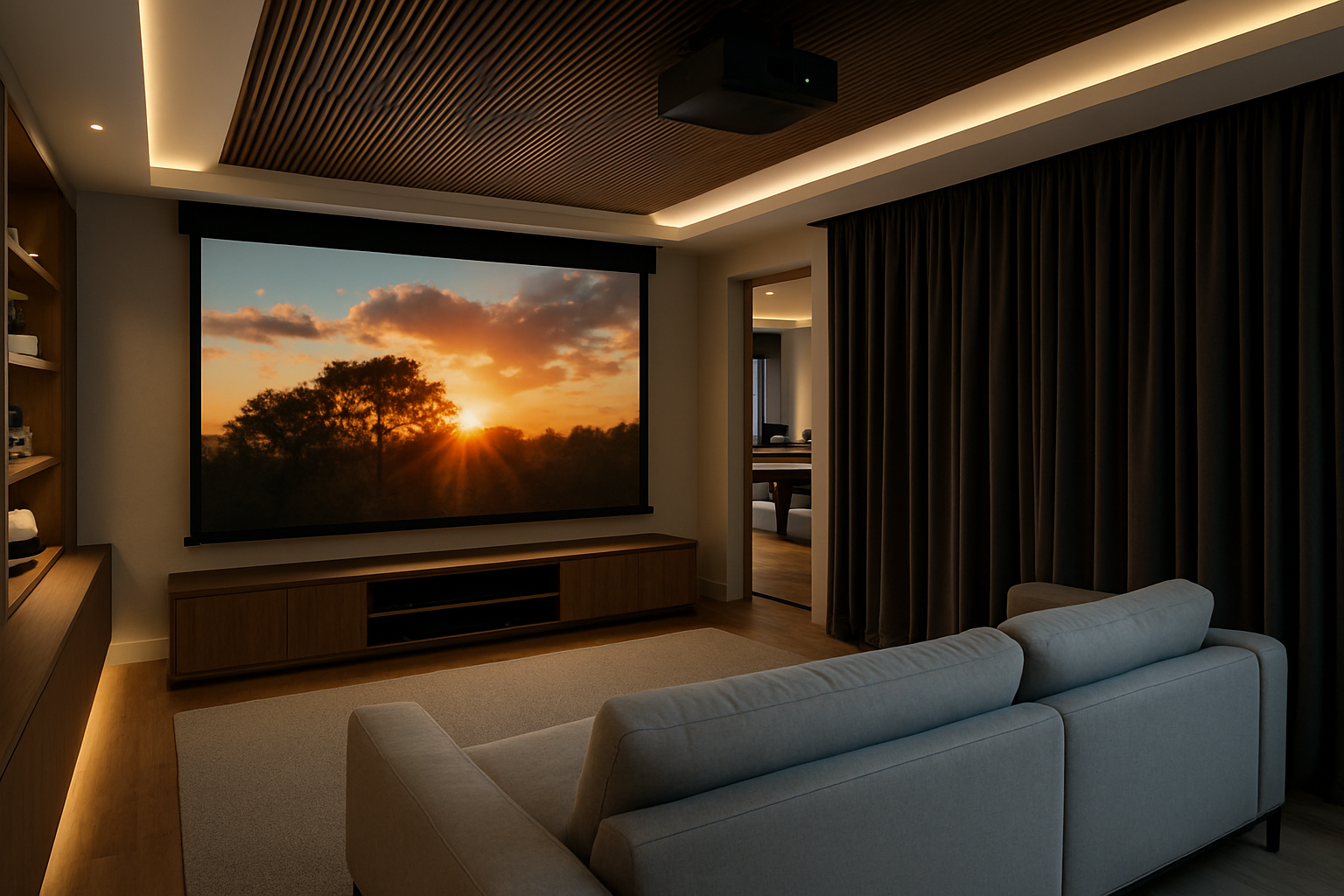 modern home theater room with cozy sofa, large projector screen showing sunset, and warm lighting