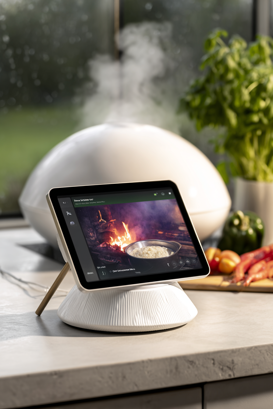 Smart display on a modern kitchen counter showing a cooking video with herbs and steam in the background