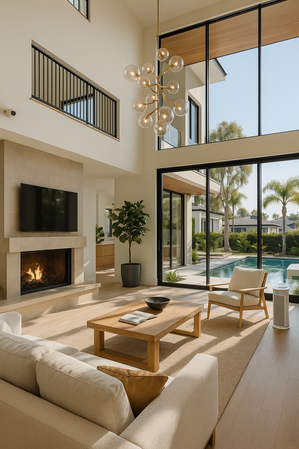 A bright living room with modern furniture, fireplace, and large windows