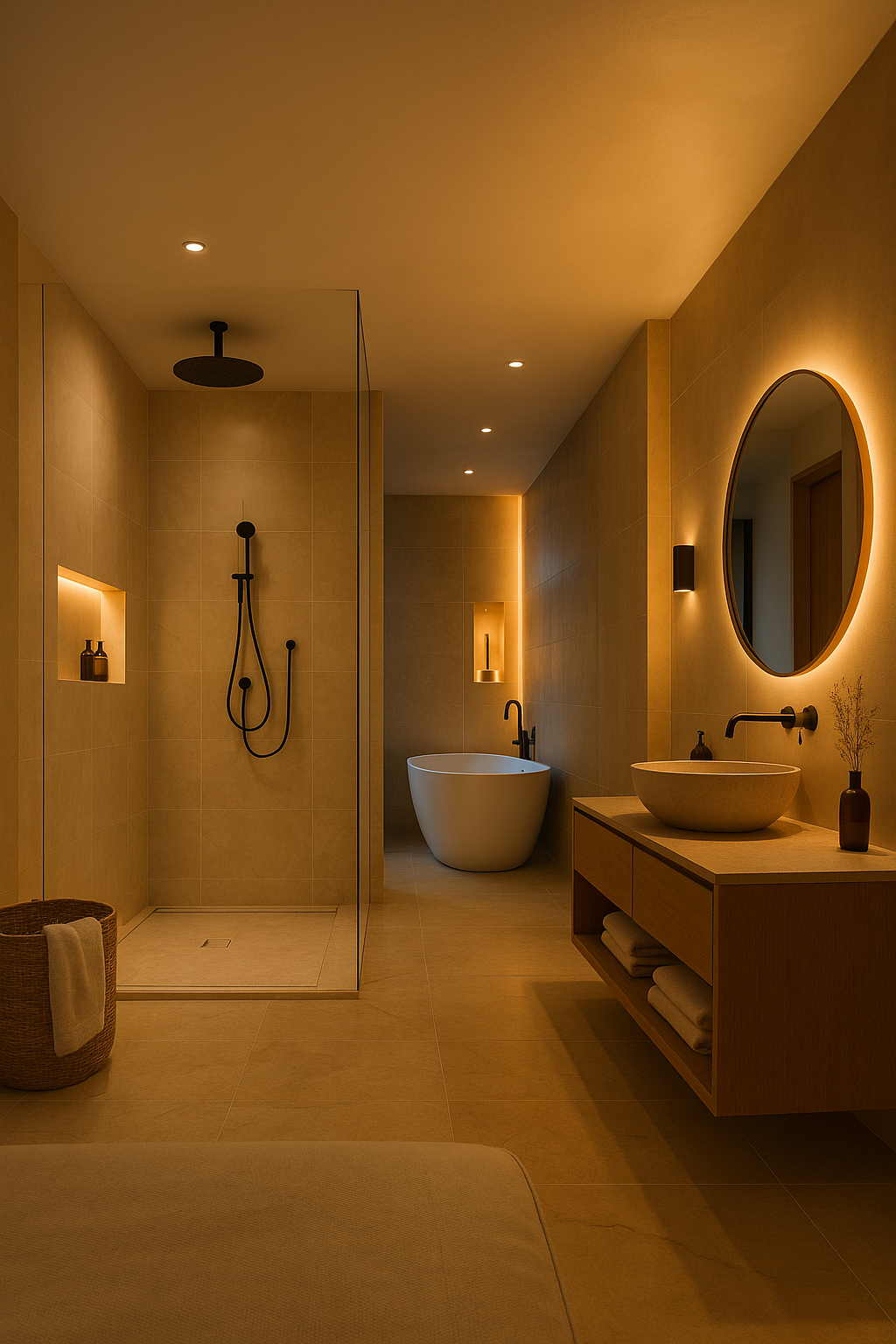 luxury smart bathroom with walk-in shower, round bathtub, warm lighting and modern design