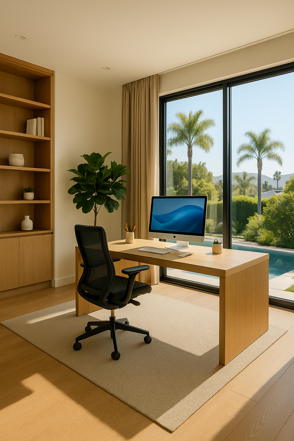 bright modern home office with ergonomic chair, wooden desk, and garden view through large window