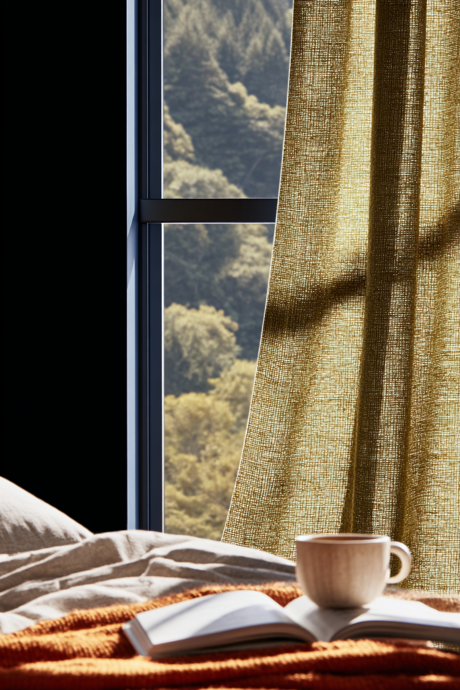 Soft morning light through automatic smart curtains with a cup and book on the bed, forest view outside