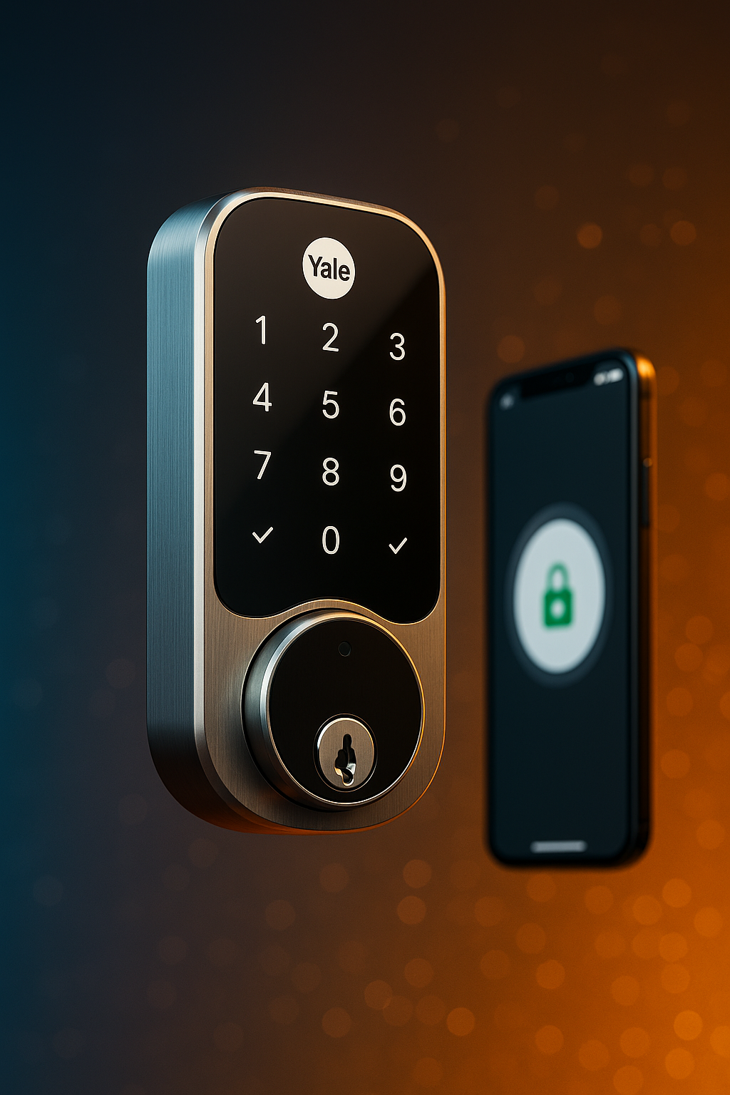 Happy couple using AI earbuds at a café Yale Assure Lock with glowing touch keypad floating next to a smartphone, displayed against a stylish blue-orange gradient background. Secure.