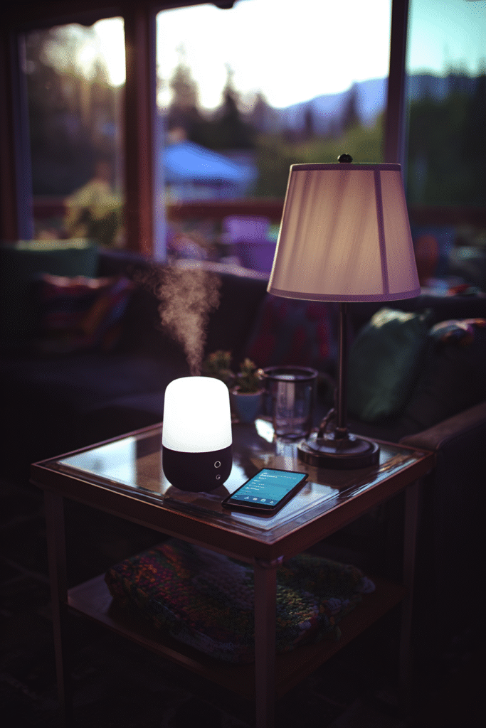 Hand holding iFLYTEK recorder in train station Cozy modern living room with smart plug activating lights automatically at sunset. Tiny.