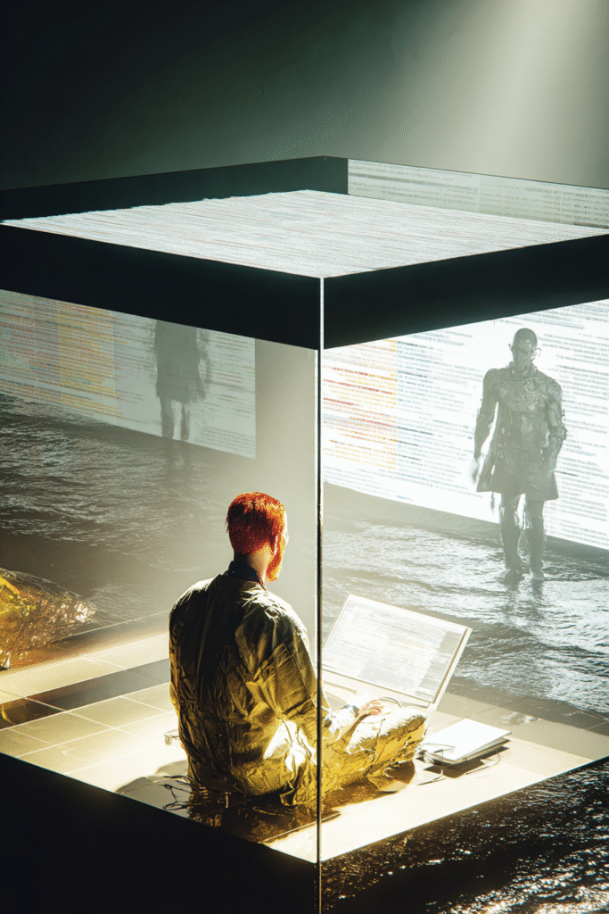  a person sitting alone in a glowing cube-shaped workspace, typing on a transparent keyboard, surrounded by floating holographic prompts and data streams