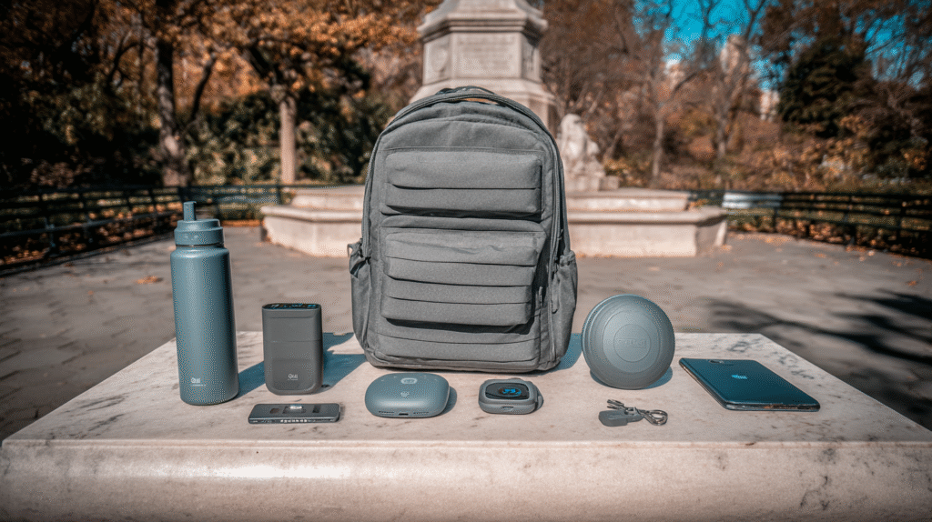 Tech Bag. Outdoor shot of a minimalist tech backpack and smart gadgets neatly displayed on a stone surface in a sunny park setting.