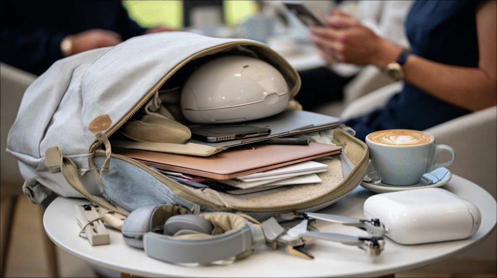 Tech Bag. Realistic photo of a modern tech backpack opened in a cafe setting, showing gadgets like a laptop, drone, headphones, and coffee, with people in the background. 