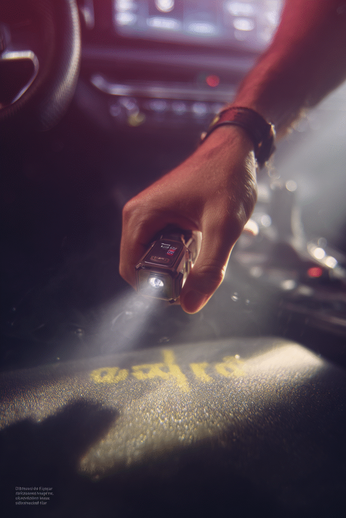 Illustration of futuristic smart voice recorder interface Tiny keychain flashlight shining bright light in a person's hand during nighttime walk