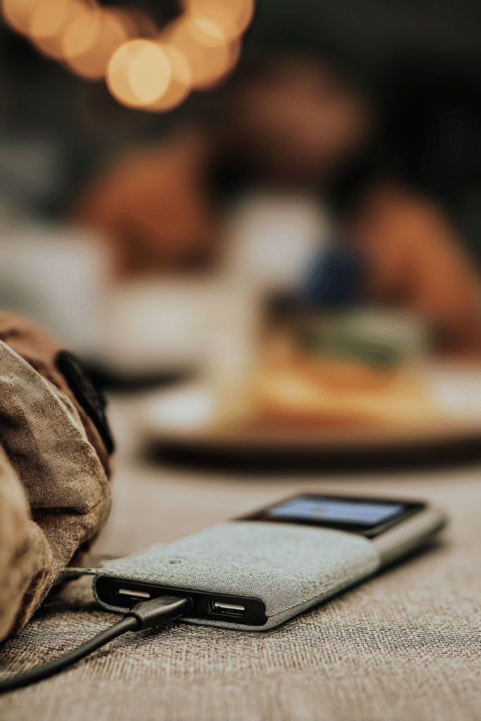 Happy couple using AI earbuds at a café Close-up of a compact portable smart device charging via USB-C on a cozy café table with blurred lights in the background. Smart gadgets.