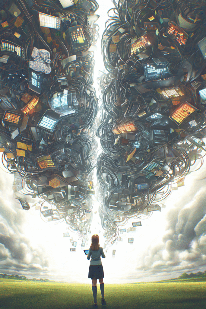 A student holding a tablet stands before a massive digital storm of tangled wires, screens, and notes splitting open into light—symbolizing AI transforming chaos into clarity.