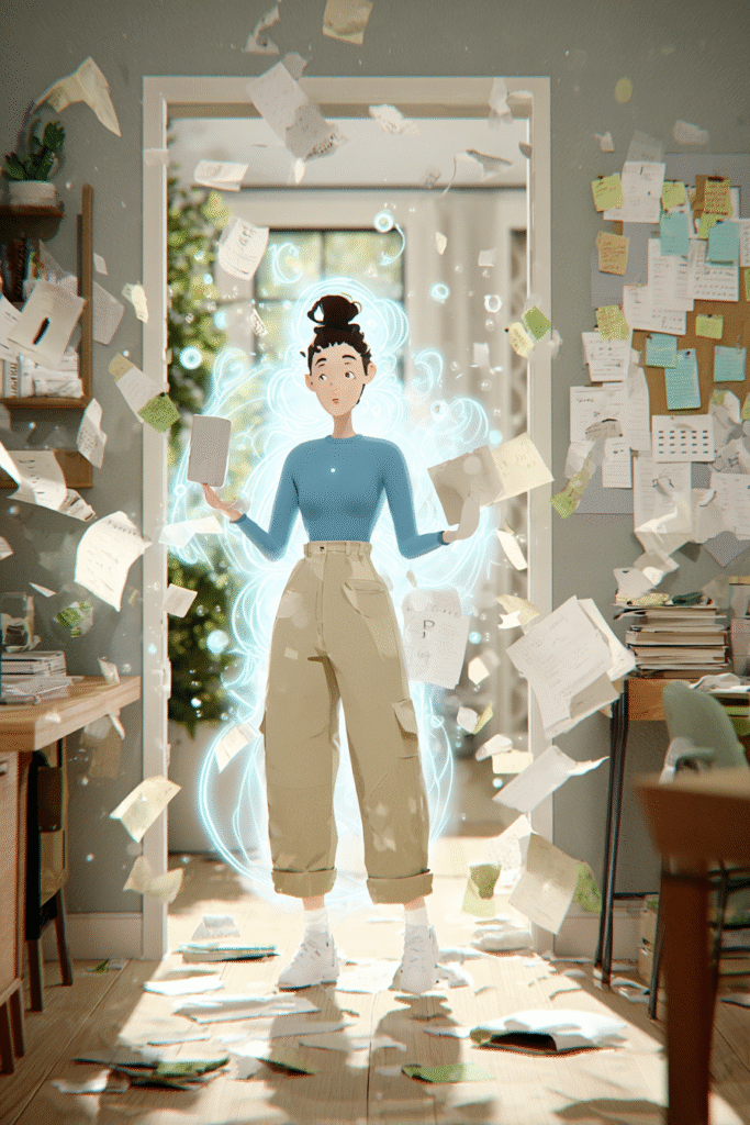 Students.
A young woman stands in a cluttered study room as papers swirl around her and glowing AI energy gently helps organize the mess—visualizing the feeling of control through technology.